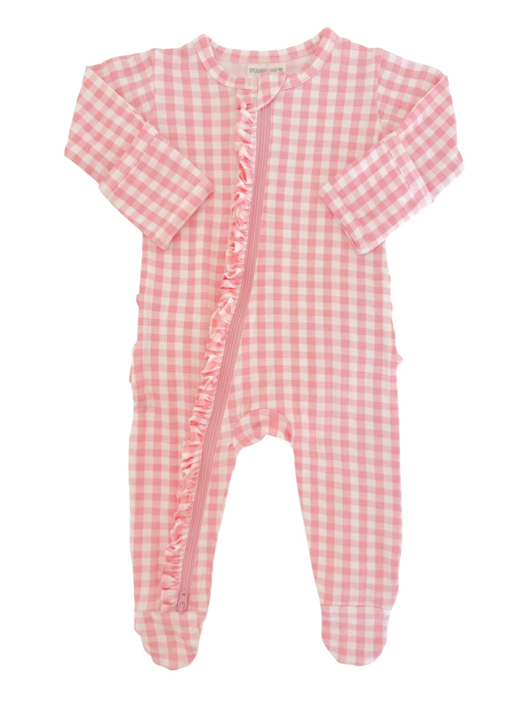 2-Way Zip Ruffle Footie - Pink Gingham