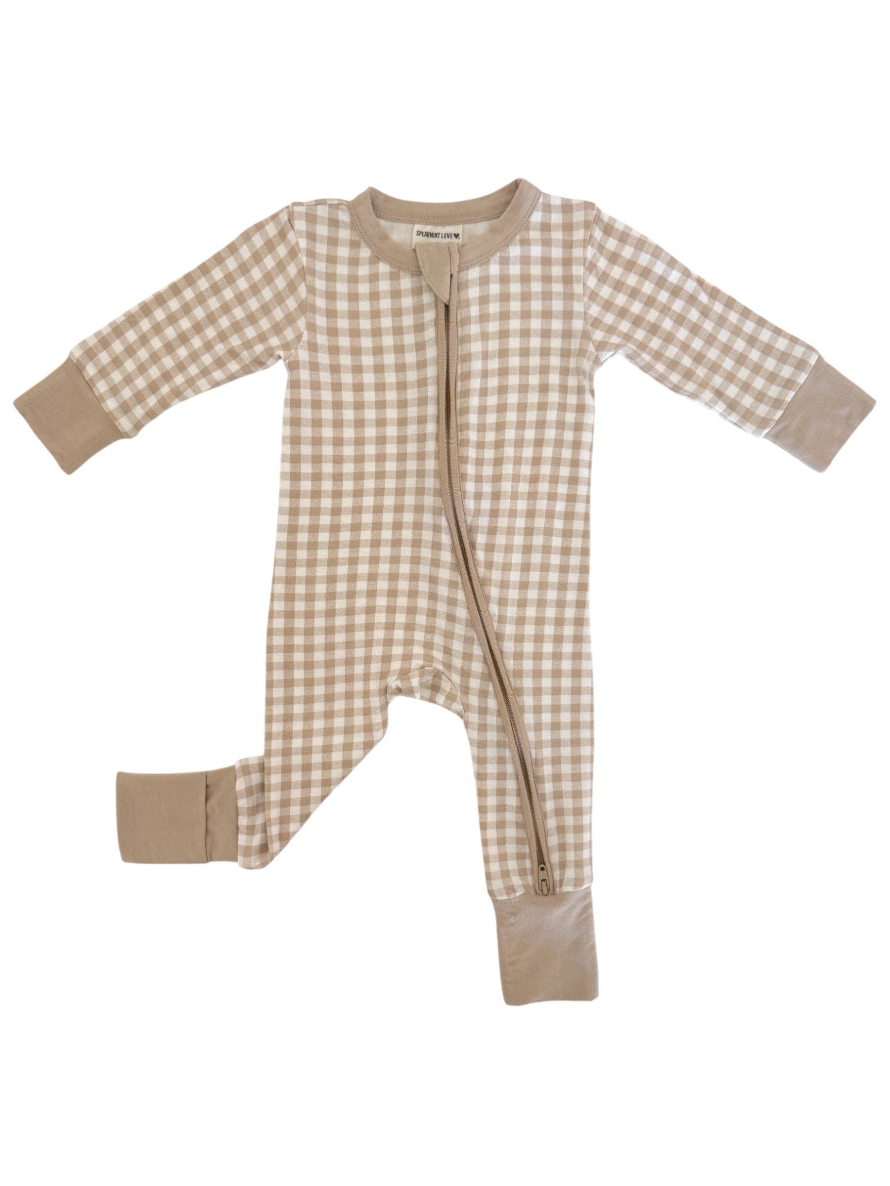 2-Way Convertible Zip Romper - Tan Gingham