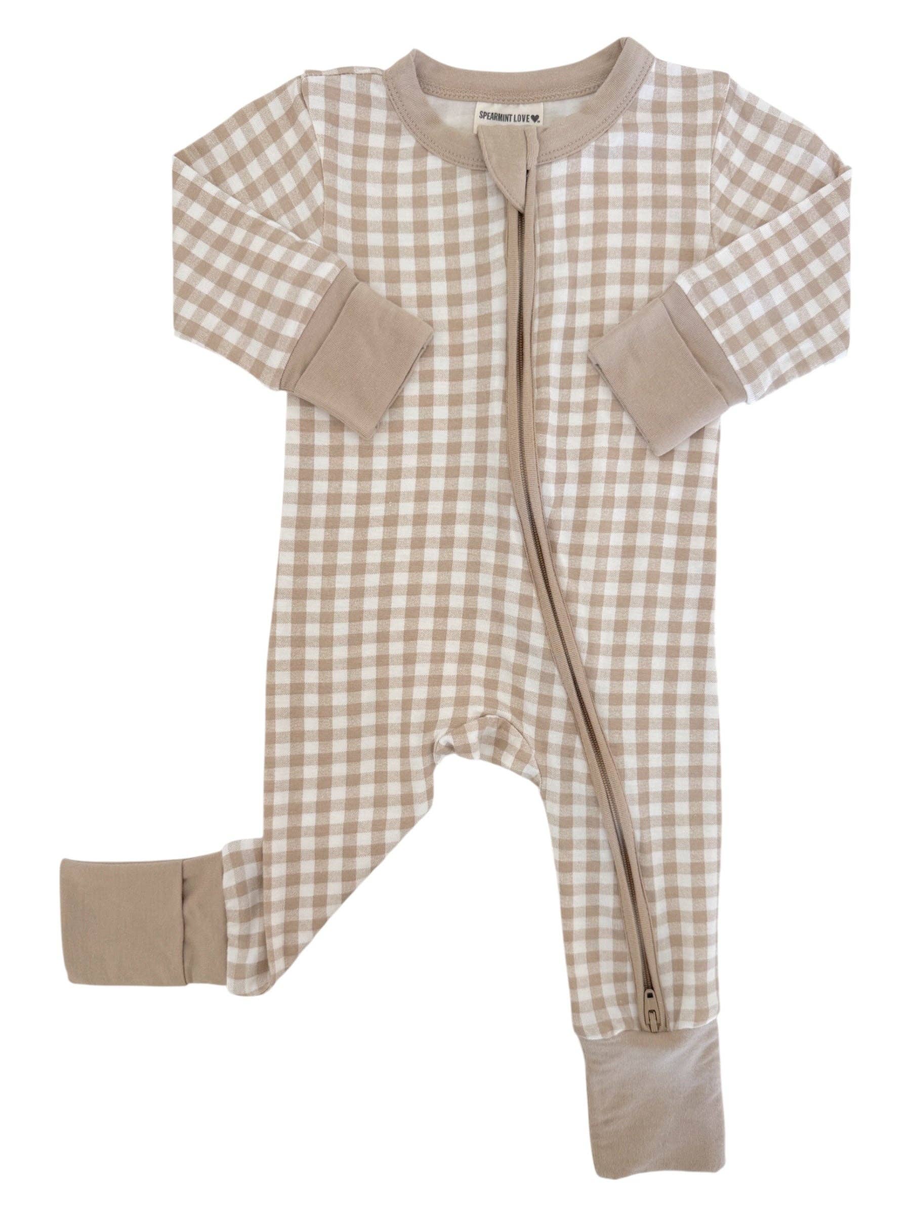 2-Way Convertible Zip Romper - Tan Gingham