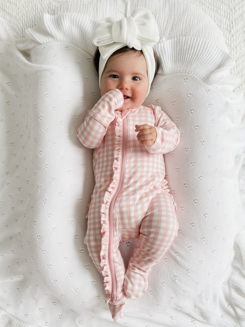 2-Way Zip Ruffle Footie - Pink Gingham