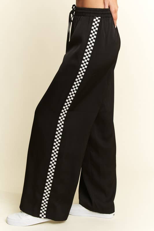 SOLID SATIN SWEATPANTS WITH SIDE CHECKERBOARD TAPE