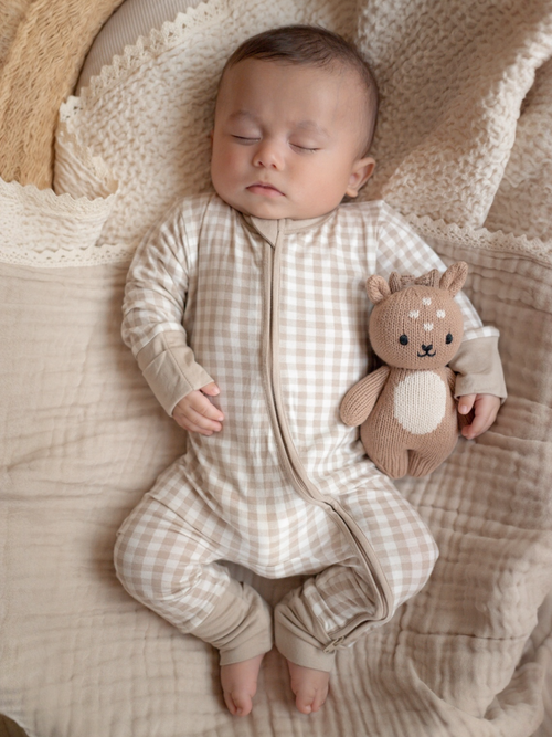2-Way Convertible Zip Romper - Tan Gingham